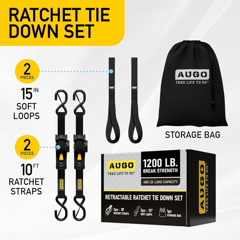 AUGO Retractable Ratchet Straps | 2 Heavy Duty Ratchet Straps Self Retractable Tie Downs with Soft Loops & Storage Bag for Motorcycle, Truck, Trailer, Cargo Van | 1200 Lb Break Strength 1” x 10’ - Image 4